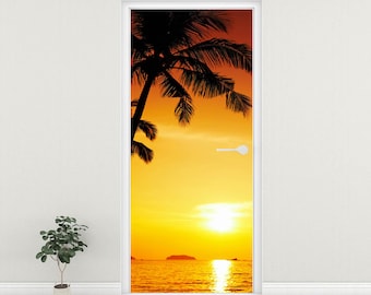 Tropical Sunset Door Mural, Palm Tree Beach Wallpaper, Ocean Coastal Decor, Wall Mural