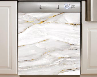 May include: A white dishwasher with a gold marble pattern on the front. The dishwasher has a stainless steel finish and a modern design.