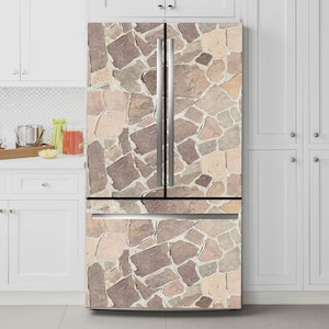 May include: A refrigerator with a stone-like textured wrap. The wrap features a pattern of various-sized, irregularly shaped stones in shades of brown, beige, and gray. The refrigerator has a stainless steel handle and a bottom freezer.
