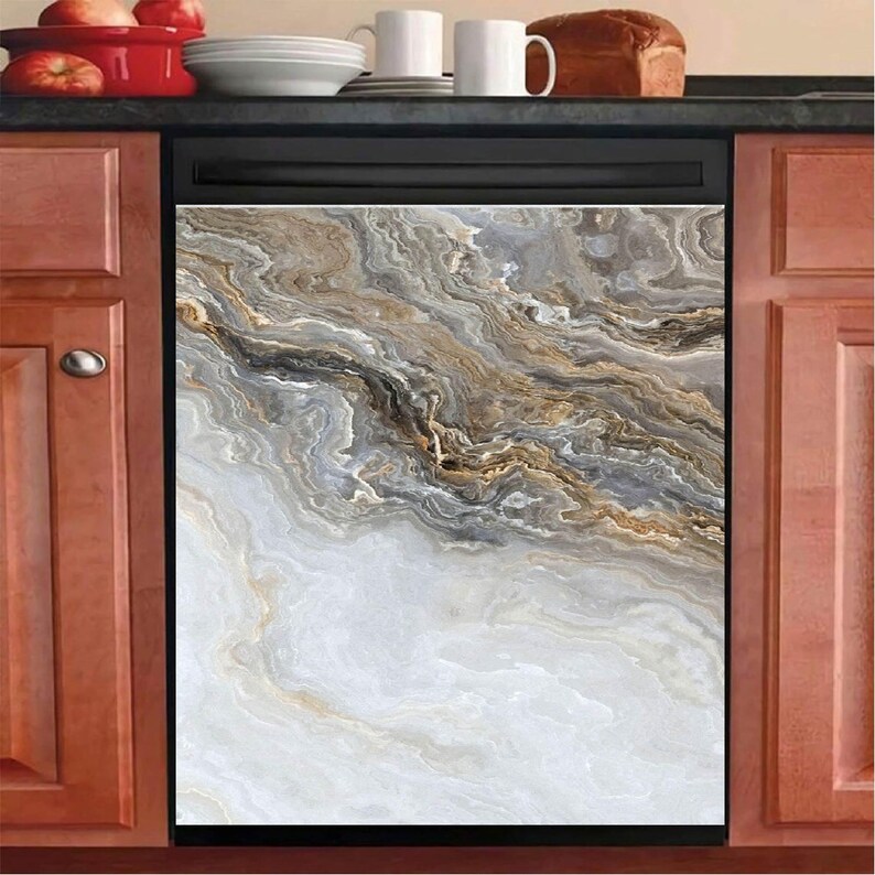 May include: A dishwasher cover with a marble-like design. The cover features a swirling pattern of white, gray, brown, and gold tones. The design resembles natural stone, adding a touch of elegance to the kitchen appliance. The cover is rectangular and fits the front of a dishwasher.