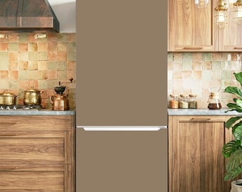 May include: A tall, solid matte taupe refrigerator with a bottom freezer compartment. The appliance features a clean, minimalist front surface with a horizontal handle integrated between the upper refrigerator door and the lower freezer drawer.