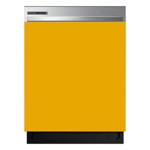 Puede incluir: Un lavavajillas con un panel frontal de color amarillo mostaza s&oacute;lido y vibrante. La secci&oacute;n de control superior tiene un acabado de metal plateado cepillado, mientras que la base inferior es de color negro s&oacute;lido, creando un dise&ntilde;o distintivo.