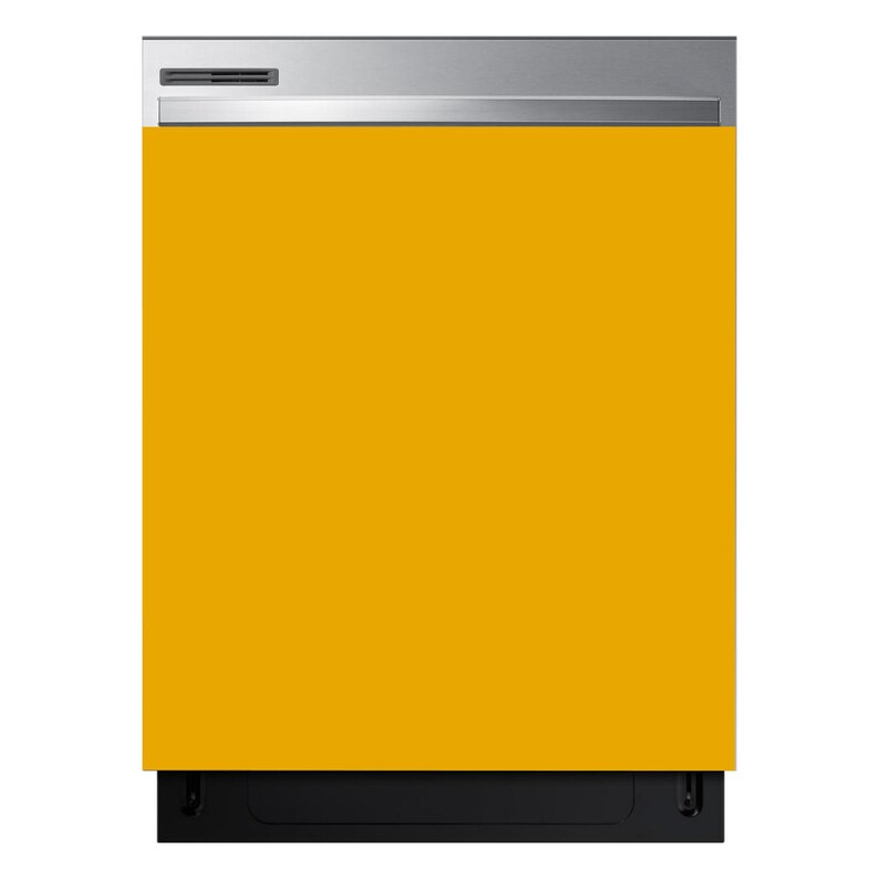 Puede incluir: Un lavavajillas con un panel frontal de color amarillo mostaza s&oacute;lido y vibrante. La secci&oacute;n de control superior tiene un acabado de metal plateado cepillado, mientras que la base inferior es de color negro s&oacute;lido, creando un dise&ntilde;o distintivo.
