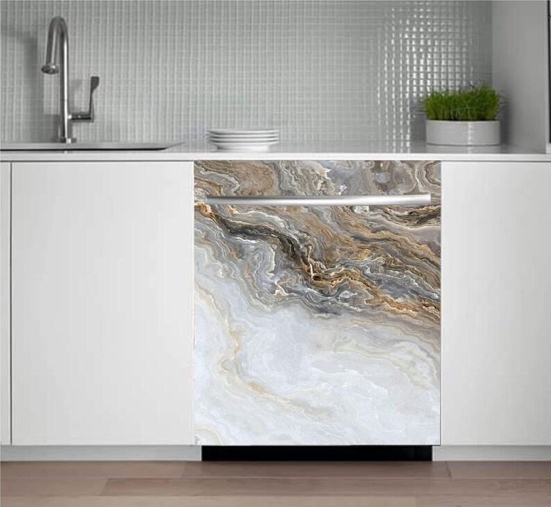 May include: A dishwasher with a decorative front panel featuring a marble-like design in shades of white, gray, and gold. The panel has a flowing, abstract pattern, adding a touch of elegance to the kitchen appliance.