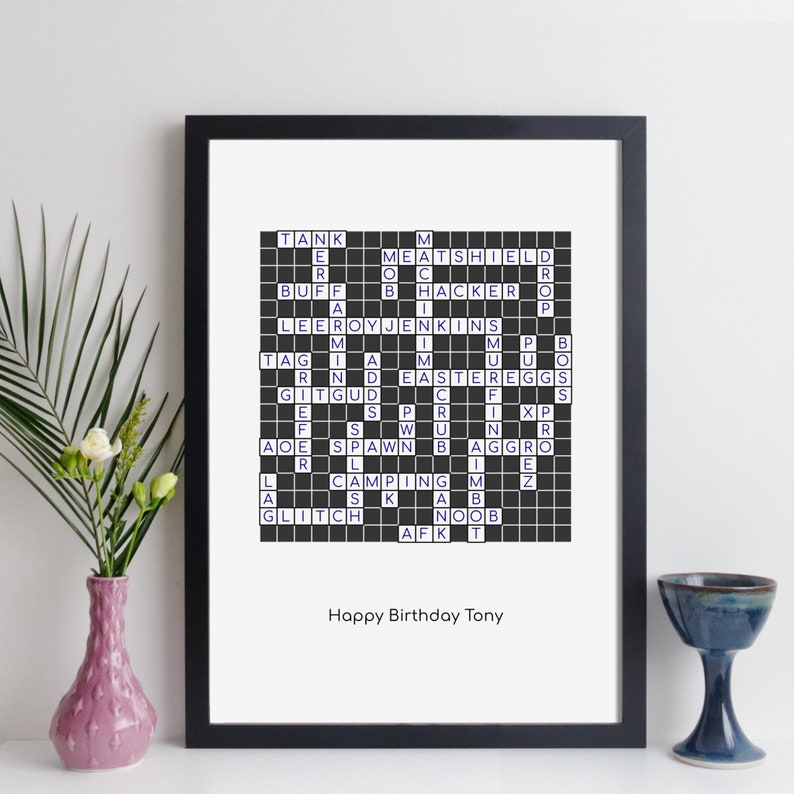 Personalised gamer words print / computer gaming crossword | Etsy