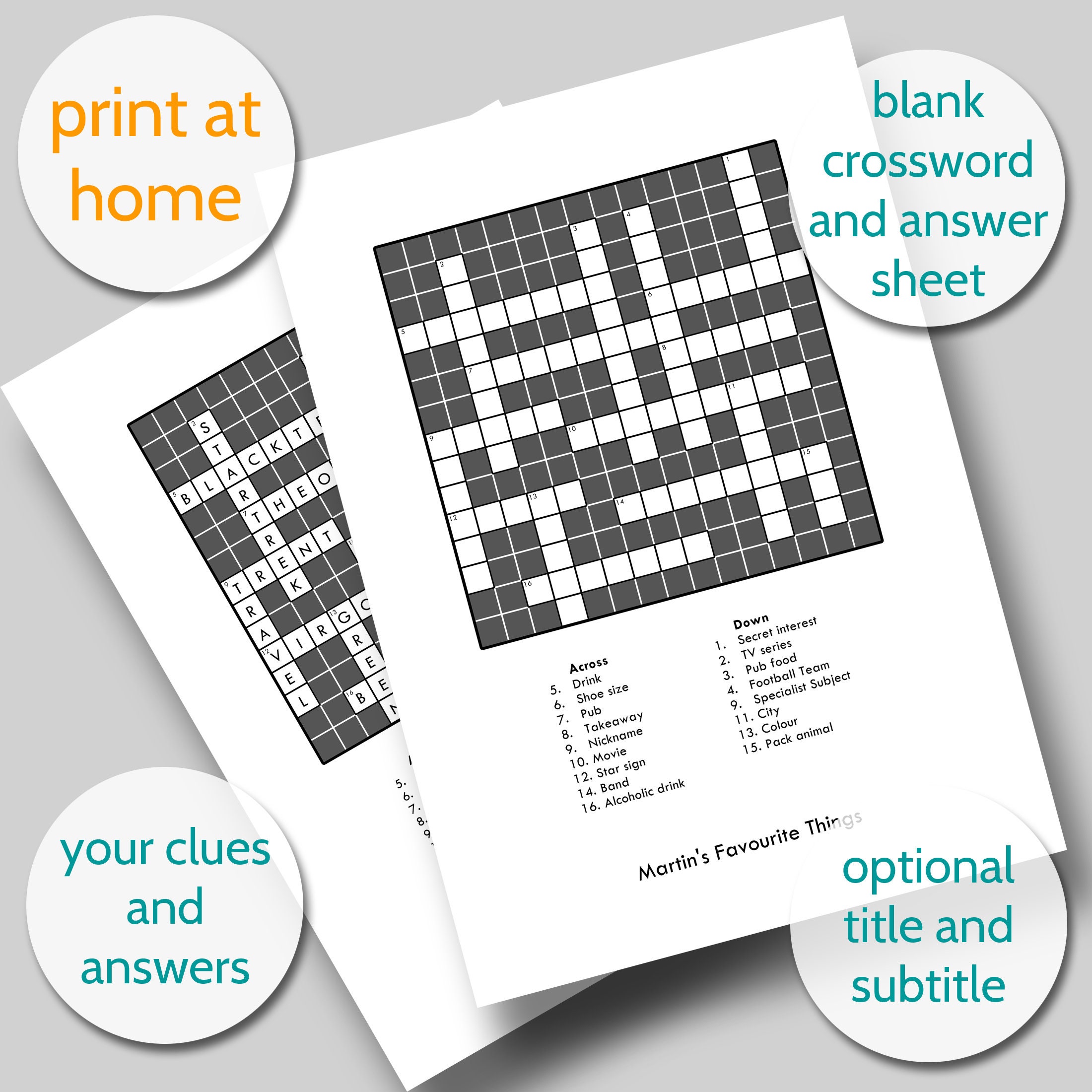 Custom crossword puzzle printable pdf / blank crossword | Etsy