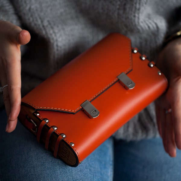 Leather bag Orange handbag woman crossbody wood bag mini handbag italian reddish leather shoulder bag wood clutch small messenger