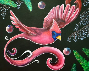 Flight of the Cardinal ORIGINAL 9x12 Acrylic Painting