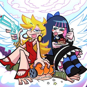 Może przedstawiać: Ilustracja z kreskówki przedstawiająca dwie postacie w stylu anime ze skrzydłami anioła. Jedna trzyma broń, druga je ciasto. Tło przedstawia krajobraz miejski i chmury. Styl artystyczny jest żywy i kolorowy.