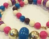 60 39 s Retro Hot Pink, Teal Blue, Brown, Gold Cream Acrylic Round and Button Beads, Vintage Plastic Necklace with Spring Ring Closure