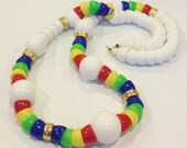 Vintage 1960 39 s quot Nesting Cups quot Acrylic, Red, Yellow, Lime, Navy, White Beaded Necklace with Decorative Goldtone Ring Accent Beads