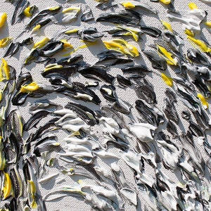 May include: Abstract painting with thick, textured strokes of white, black, and yellow paint.