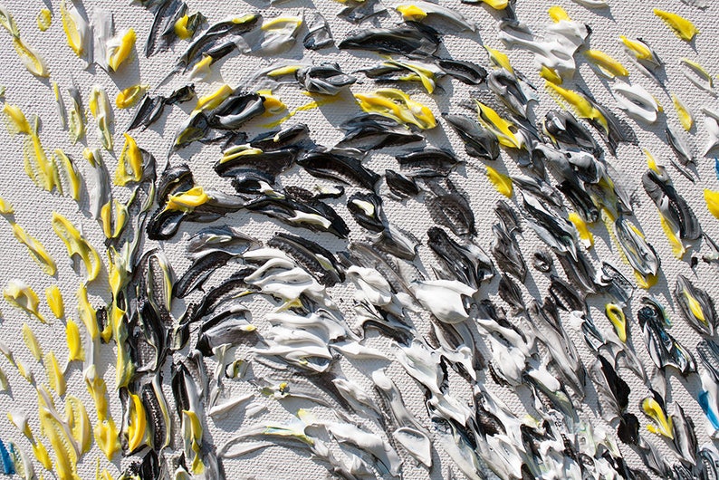 May include: Abstract painting with thick, textured strokes of white, black, and yellow paint.