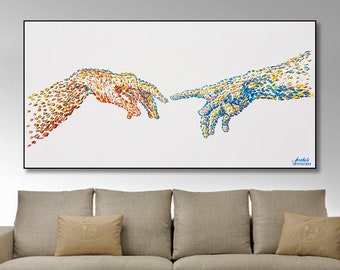 May include: A colorful abstract painting of two hands reaching towards each other, with a white background. The painting is signed "Anatol Vieru" in the bottom right corner.