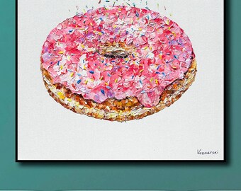 Donut 20&quot;,Doughnut Painting,Pop Art Food Painting,Pink Donut ,Kitchen Wall Art,Wall Decor Donut,Cafe Wall Art Idea,Donut,Anatoli Voznarski