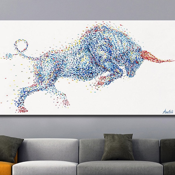 Stier, 48", großes Tiergemälde auf Leinwand, originaler Stier, abstrakter Wandstier, dicke Schichten Stier, Gemälde für Büro, Stier von Anatoli Voznarski