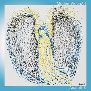 May include: Abstract painting of an angel with wings made of blue, yellow and black dots. The angel is standing on a white background. The painting is titled "Anatoli" and signed by the artist.
