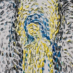 May include: Close-up of a painting with thick brushstrokes in shades of blue, yellow, and white. The brushstrokes are arranged in a swirling pattern, creating a sense of movement and energy.