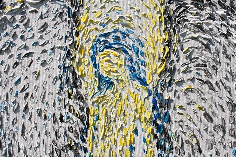 May include: Close-up of a painting with thick brushstrokes in shades of blue, yellow, and white. The brushstrokes are arranged in a swirling pattern, creating a sense of movement and energy.
