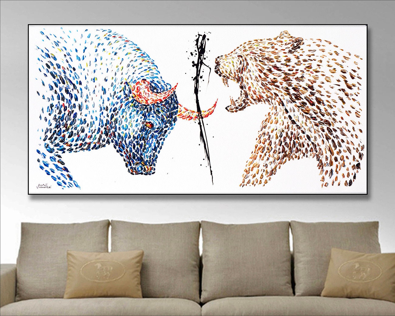 48",Bull,Bear,Wall street Stock Exchange Bull vs. Bear,stock market,bull vs. Bear Canvas,Exchange Bull vs.Bear painting by Anatoli Voznarski
