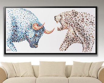 67&quot; Wall street Stock Exchange Bull vs. Bear, stock market, bull vs. Bear Canvas,Bronze Exchange Bull vs. Bear painting by Anatoli Voznarski