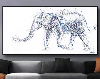 May include: A white background with a blue and purple elephant illustration made of small dots. The elephant is walking to the right and has its trunk raised. The artist's signature is in the bottom right corner.