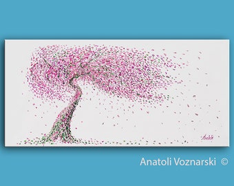 Boom, kers, 58" bloesem kersenboom, grote abstracte acryl boom schilderij op doek, dikke lagen boom, boom schilderij door Anatoli Voznarski