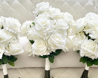 Bridal large White wedding bouquet roses long stem Real Touch roses buttonhoe included