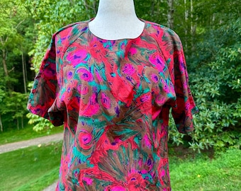 Blusa floral de los 80: Top con estampado de arte abstracto vintage - Talla mediana