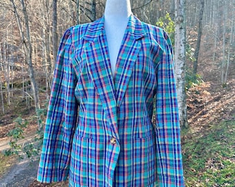 Vintage Susan Bristol Plaid Blazer Size 10 – Madras Tartan Jacket – 100% Cotton – 80s 90s Preppy Blazer – Colorful Spring Layering