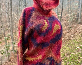 Vintage 90s Jeanne Pierre Mohair Sweater | Abstract Art Knit Turtleneck, Size M