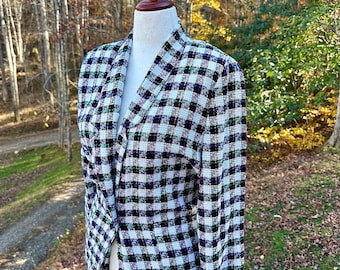Vintage Plaid Tweed Blazer | 80s Longline Bouclé Jacket