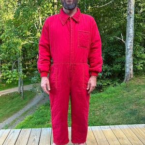 Vintage Red Quilted Insulated Coveralls: 1970s Retro Snowsuit