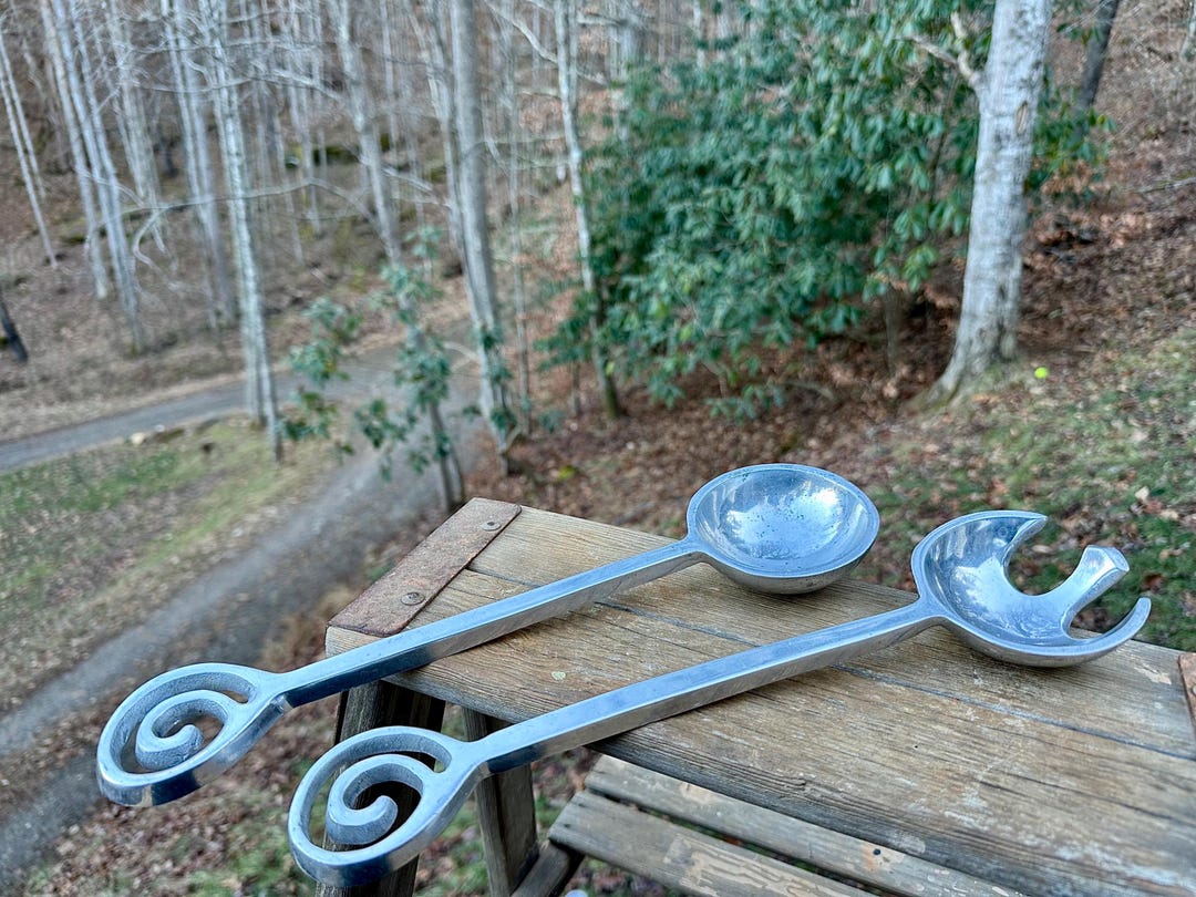 Mid Century Cast Aluminum Ladle & Forked Serving Spoon Set | Sculptural ...