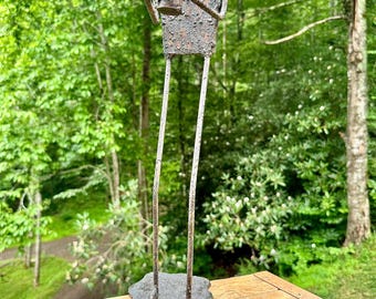 Vintage Brutalist Metal Figure Candle Holder | Hand-Welded Steel Folk Art Sculpture