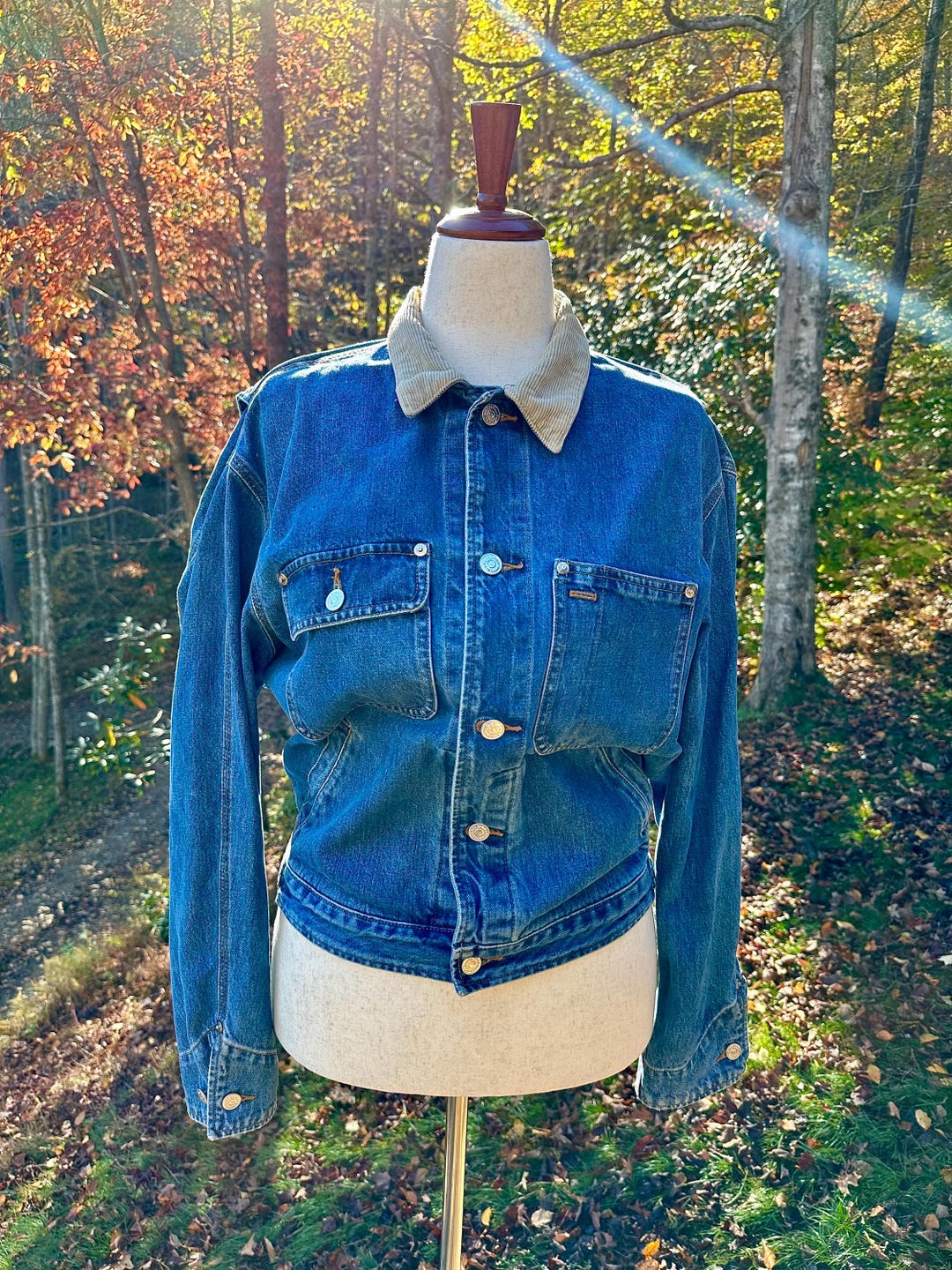 Vintage Polo Country Denim Jacket: Tan Corduroy Collar, Made in