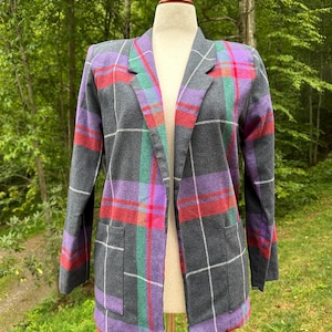 Vintage 80s Plaid Wool Blend Blazer: Oversized Fall Jacket, M/L