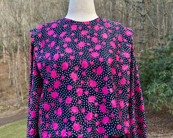 Vintage 80s Polka Dot Floral Blouse - Navy Pink Medium