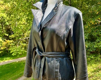 Vintage Wilsons Leather Belted Jacket - 90s Black Genuine Leather Coat