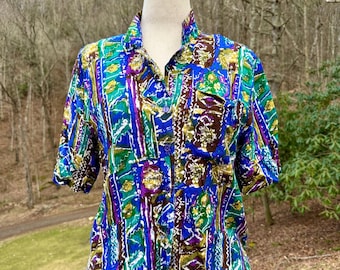 Vintage Abstract Print Blouse | Fortina 80s/90s Colorful Top, Size Small