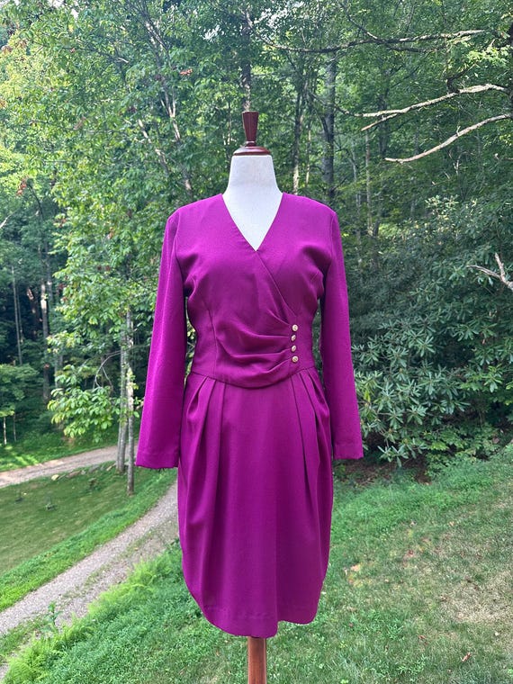 Vintage 80s Magenta Cocktail Dress: Draped Waist, Gold Buttons, Size 12
