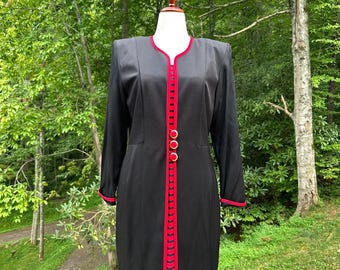 Vintage 80s Black Wiggle Dress | Red Trim, Gold Buttons, Power Secretary