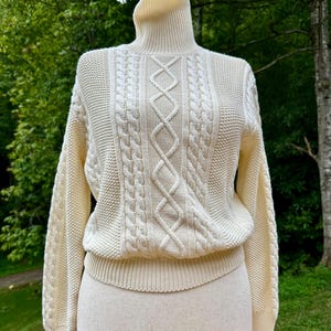 Vintage Cream Cable Knit Turtleneck Sweater: 80s Cotton Chunky Pullover, Size Small