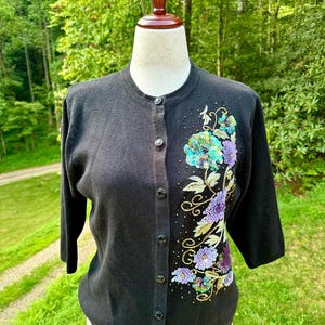 Vintage Sequin Floral Cardigan: Black Embroidered Knit Sweater, 90s Party Style