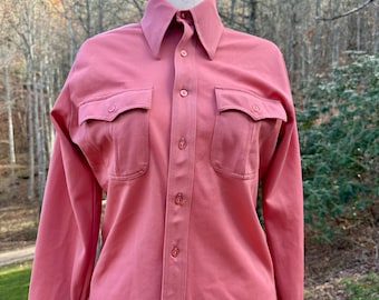 Vintage 60s Western Blouse: Coral Pink Button-Up Shirt, Size Medium