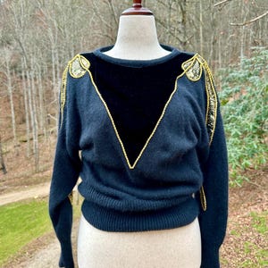 80s Angora Blend Sweater: Gold Rope Detail, Velvet Accent - Medium