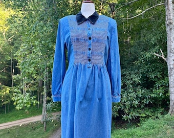 Puede incluir: Vestido vaquero azul con mangas largas y cuello negro. El corpiño presenta un diseño texturizado detallado con pequeños botones negros. El vestido se exhibe en un maniquí al aire libre, con árboles verdes de fondo.