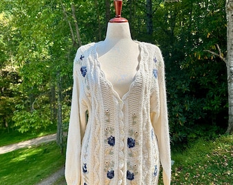 Vintage 80s Hand-Knit Floral Cardigan: Cream Cable Knit, Made in Korea