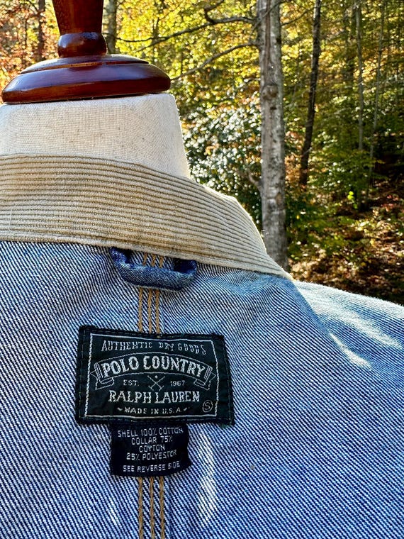 Vintage Polo Country Denim Jacket: Tan Corduroy Collar, Made in