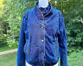 Vintage 80er Jahre Jeans Jacke | Puffärmel Jeansjacke, rot kariertes Futter